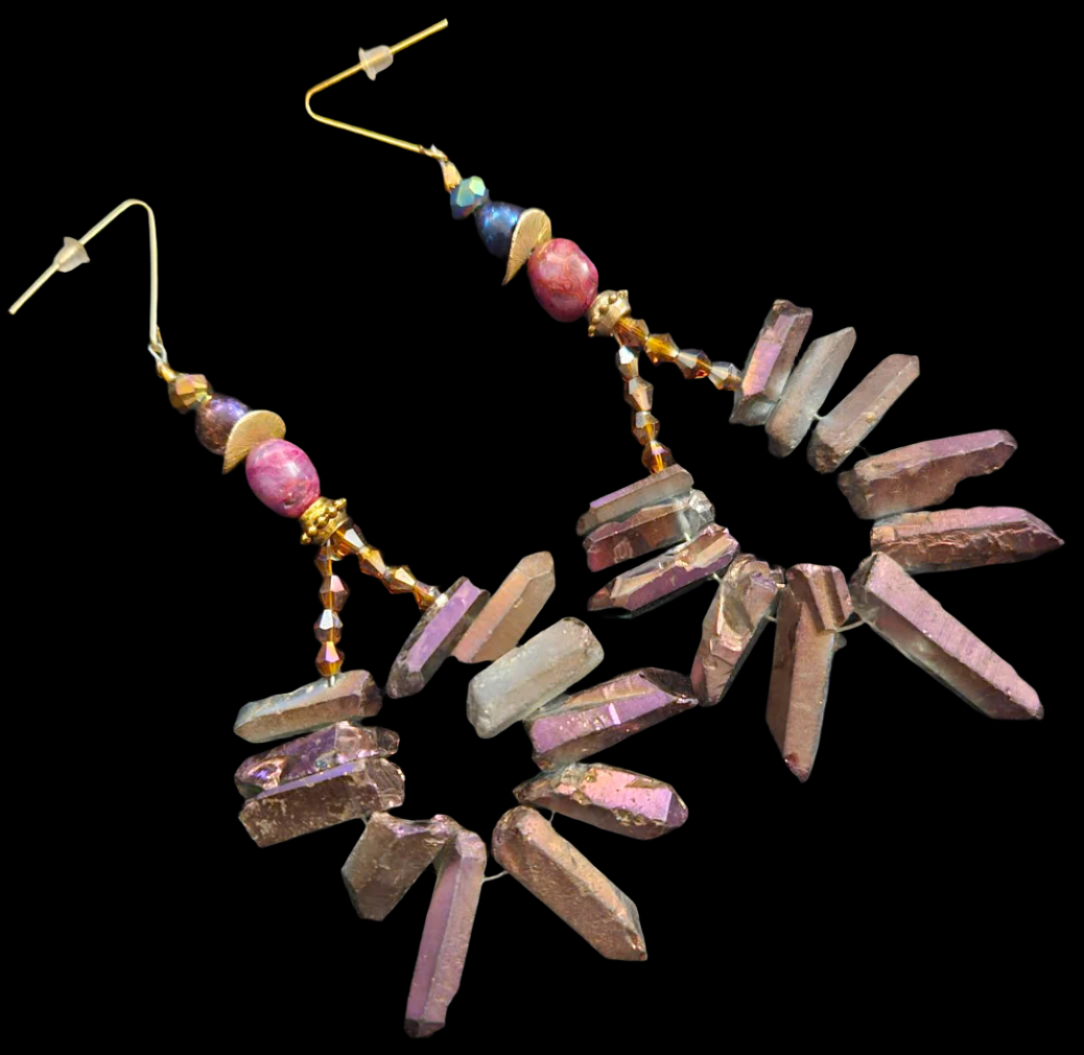 Purple Branch Quartz & Amber Crystal Hoop Earrings - Avant Garde Gemstone Shoulder Dusters - Purple and Copper Ear Candy - Kat Kouture Jewelry