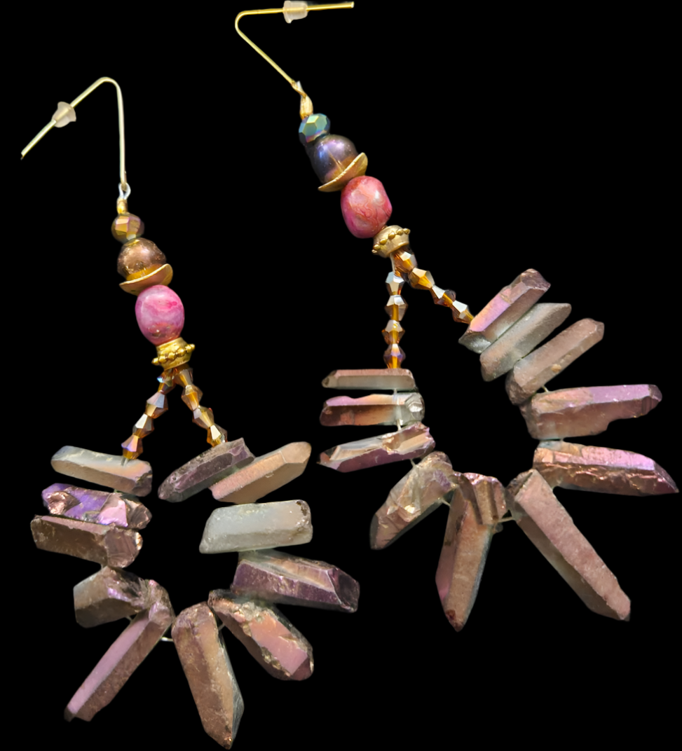 Purple Branch Quartz & Amber Crystal Hoop Earrings - Avant Garde Gemstone Shoulder Dusters - Purple and Copper Ear Candy - Kat Kouture Jewelry