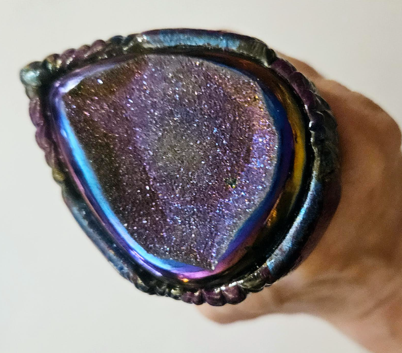 Heavily Crystallized Titanium Quartz Sculpted Statement Ring - Flashy Blue Purple Adjustable Hand Ring - Kat Kouture Jewelry