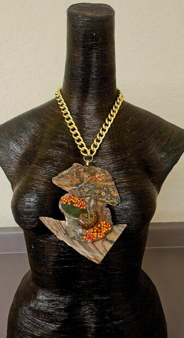 Earthy Jasper Slab & Swarovski Crystal Statement Pendant - Avant Garde Earth Tone Gemstone Slab Chest Piece - Unisex Slab Amulet - Kat Kouture Jewelry