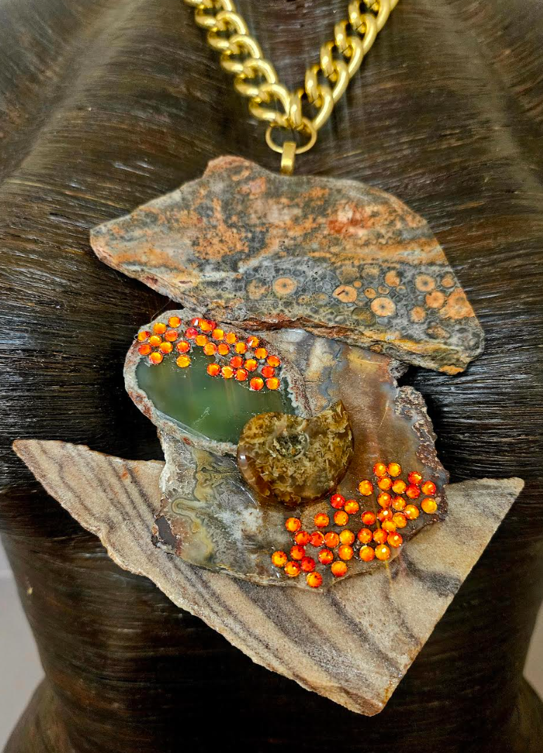 Earthy Jasper Slab & Swarovski Crystal Statement Pendant - Avant Garde Earth Tone Gemstone Slab Chest Piece - Unisex Slab Amulet - Kat Kouture Jewelry