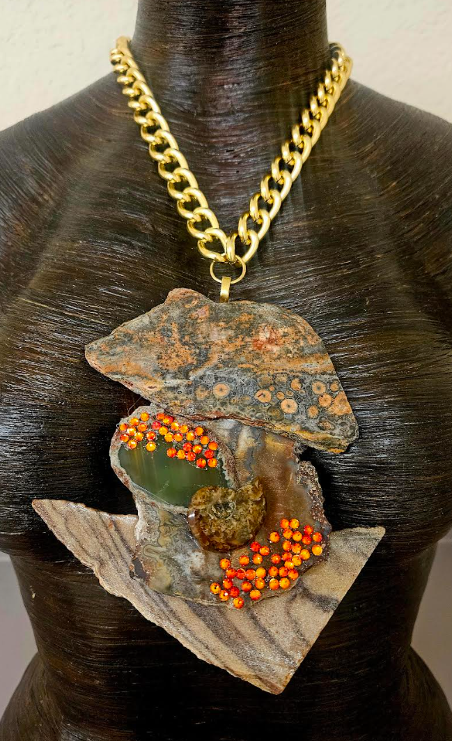 Earthy Jasper Slab & Swarovski Crystal Statement Pendant - Avant Garde Earth Tone Gemstone Slab Chest Piece - Unisex Slab Amulet - Kat Kouture Jewelry