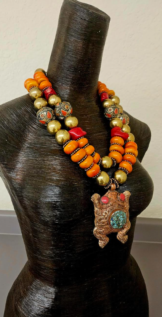 High End Tribal Beaded Statement Necklace Set with Tibetan Repousse Frog Pendant - Orange Gold & Red Luxury Beaded Bib Necklace - Kat Kouture Jewelry