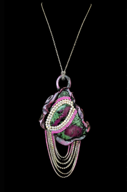 Ruby Zoisite Sculpted Slab & Rhinestone Cascade Statement Pendant - Exotic Purple Green and Black Gemstone Chest Piece - OOAK Wearable Art from Kat Kouture