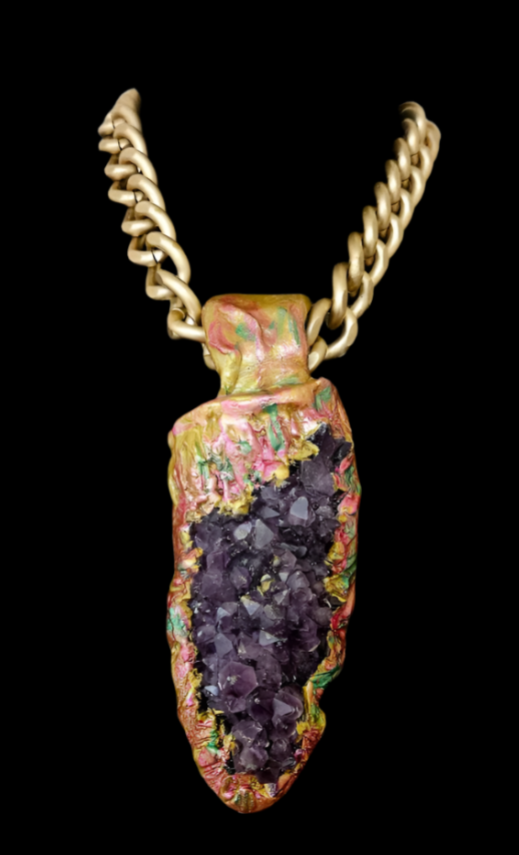 Rough Amethyst Gemstone Sculpted Pendant with Bold Gold Tone Chain -Huge Purple Crystal Talisman Unisex - OOAK Wearable Art Jewelry from Kat Kouture