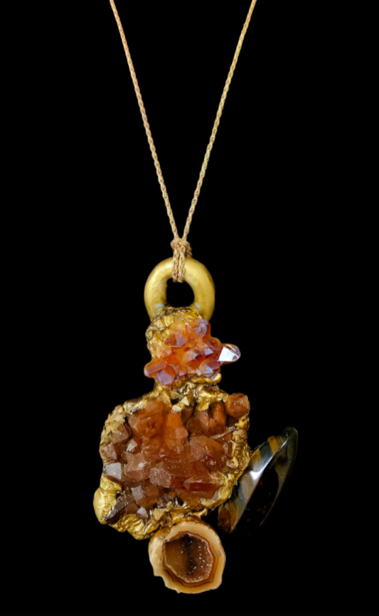 Mixed Warm Gemstone Sculpted Unisex Pendant - Orange Gold & Brown Bespoke Talisman - Geode Tigers Eye and Quartz Amulet - OOAK Wearable Art from Kat Kouture