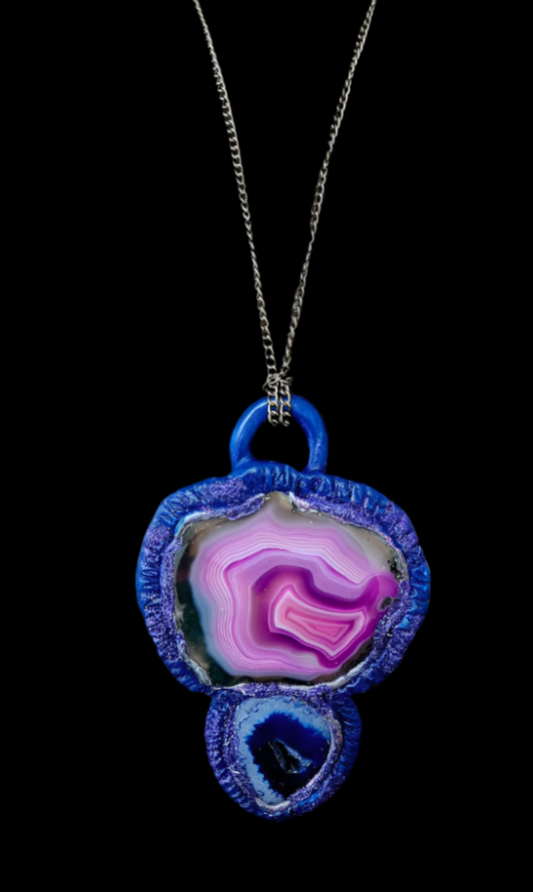 Sculpted Purple Pink & Sapphire Blue Agate Totem Pendant - Unisex Gemstone Talisman - OOAK Wearable Art from Kat Kouture