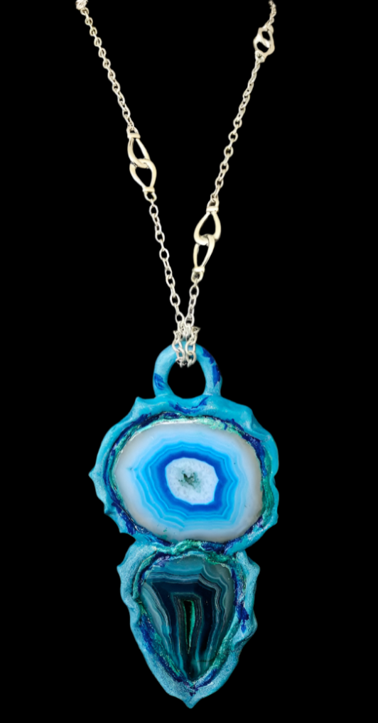 Sculpted Blue Agate Unisex Totem Pendant - White Green & Blue Boho Couture Talisman - Wearable Art Jewelry from Kat Kouture