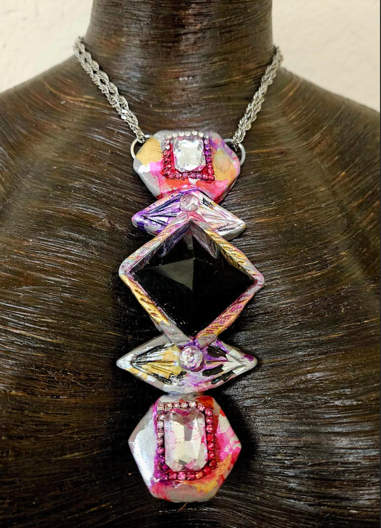 Art Deco Sculpted Black Onyx Pyramid Pendant - Black Pink Silver & Gold Gatsby Inspired Chest Piece - Wearable Art Jewelry from Kat Kouture