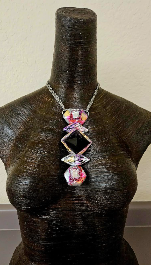 Art Deco Sculpted Black Onyx Pyramid Pendant - Black Pink Silver & Gold Gatsby Inspired Chest Piece - Wearable Art Jewelry from Kat Kouture