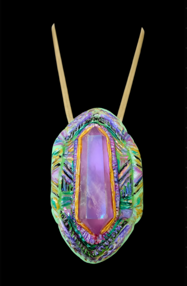 Purple Aura Quartz Art Deco Sculpted Geometric Pendant - Double Terminated Crystal Point Amulet - Wearable Art Jewelry from Kat Kouture