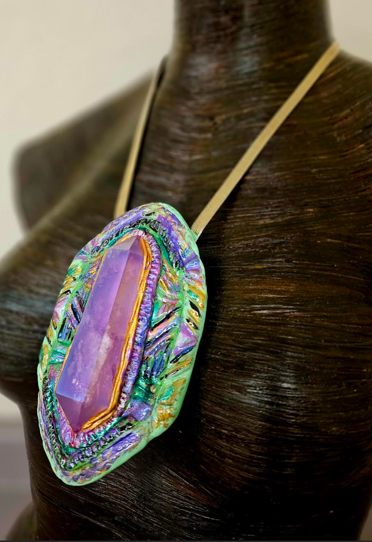 Purple Aura Quartz Art Deco Sculpted Geometric Pendant - Double Terminated Crystal Point Amulet - Wearable Art Jewelry from Kat Kouture