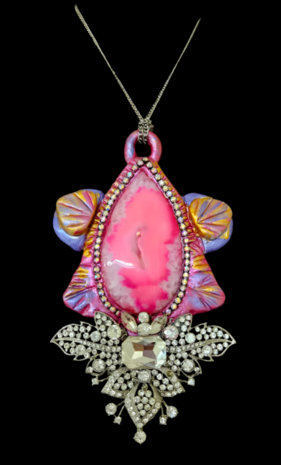 Hot Pink Agate & Rhinestone Sculpted Art Deco Pendant - Modern Flapper Bling Chest Piece - OOAK Wearable Art from Kat Kouture