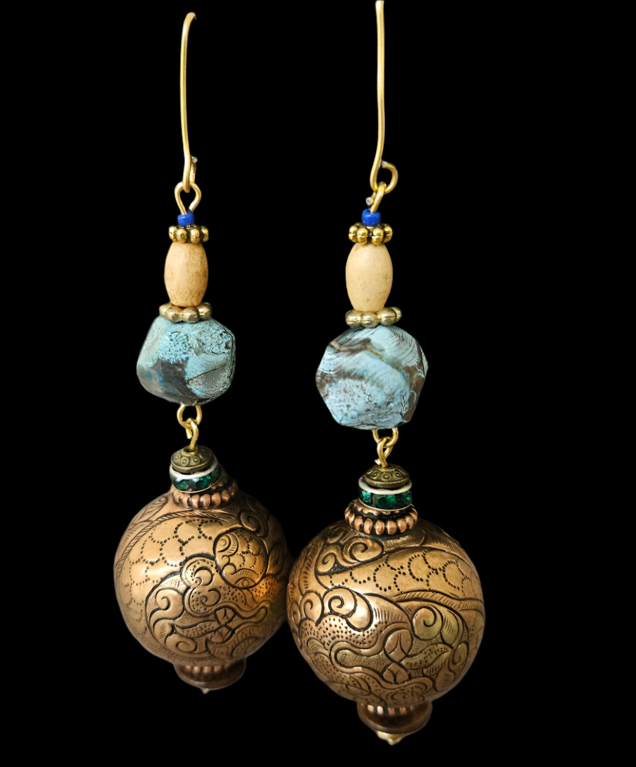 Ocean Jasper & Tibetan Brass-Copper Repousse Beaded Pierced Earrings - Exotic Ethnic Shoulder Dusters - Wearable Art from Kat Kouture