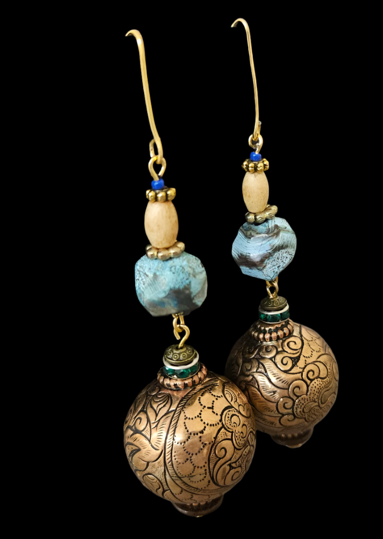 Ocean Jasper & Tibetan Brass-Copper Repousse Beaded Pierced Earrings - Exotic Ethnic Shoulder Dusters - Wearable Art from Kat Kouture