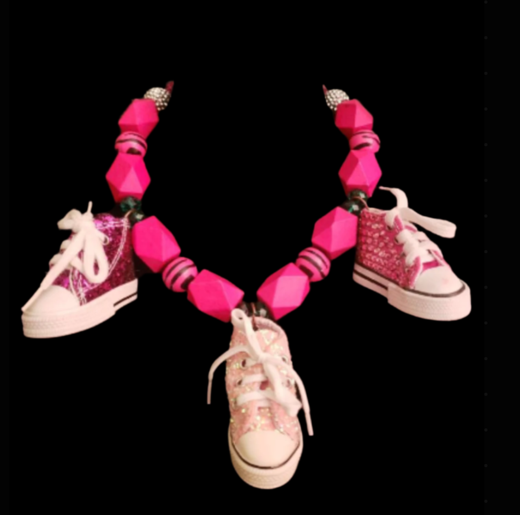 Hot Pink Wood Beaded Statement Necklace with Bling Tennis Sneakers - Whimsical Neck Candy for Women -  OOAK Wearable Art from Kat Kouture