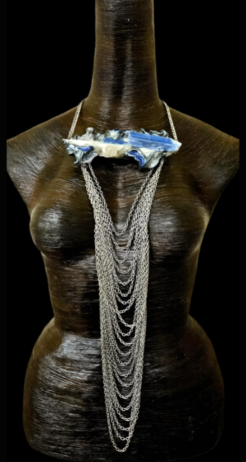 Rough Sculpted Blue Kyanite Pendant with Waterfall Draped Chains - Avant Garde Gemstone Chest Piece - Wearable Art from Kat Kouture