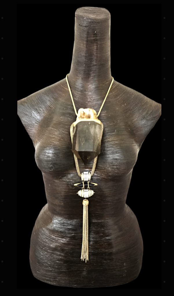 Earthy Lemurian Smoky Quartz Art Deco Revival Pendant - Sculpted Brown Gemstone Egyptian Revival Chest Piece - Wearable Art from Kat Kouture