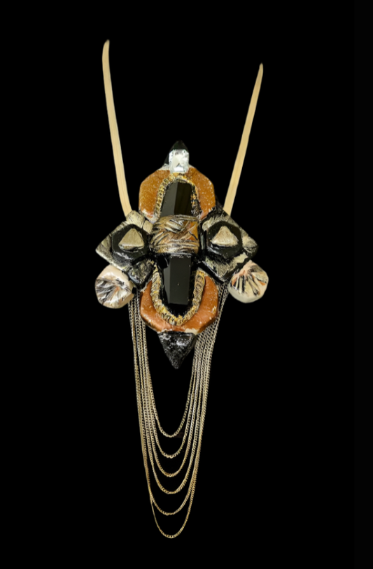 Sculpted Art Deco Smoky Quartz Obelisk Art Gemstone Pendant - Flapper