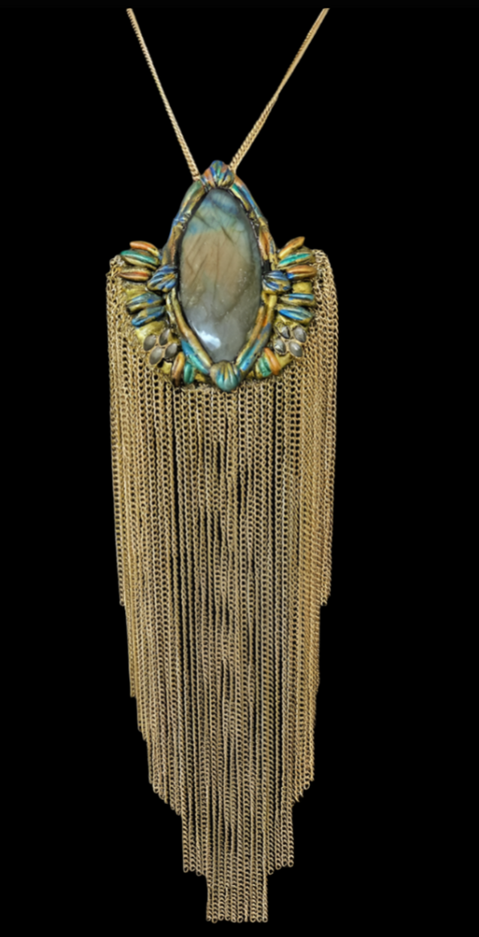 Sculpted Labradorite Gemstone Pendant with Waterfall Chains - Flashy