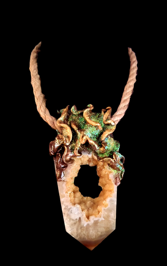 High End Heavily Crystallized Sculpted Agate Tower with Hemp Rope