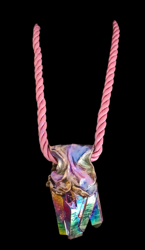 Rough Rainbow Quartz Sculpted Unisex Amulet & Silk Rope - Jewel Tone
