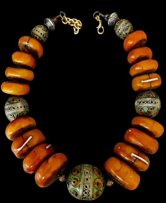 Faux Amber & Berber Egg Beaded Ethnic Luxury Statement Necklace - Diva