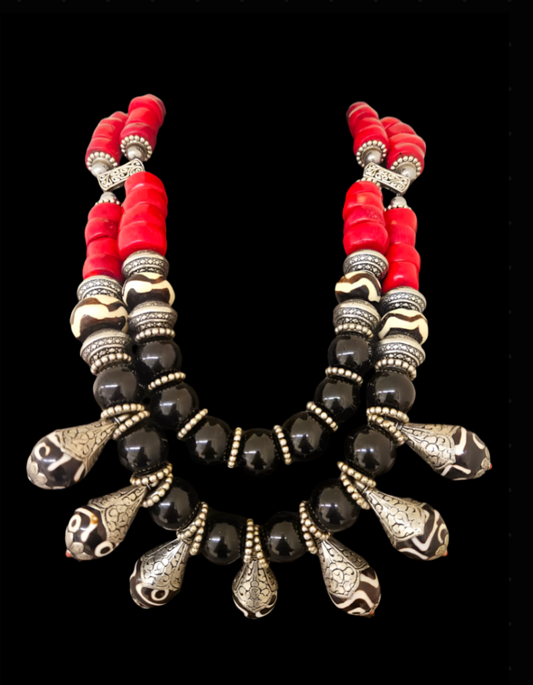 Black Red Silver Tribal Beaded Statement Bib & Tibetan Bone Teardrops