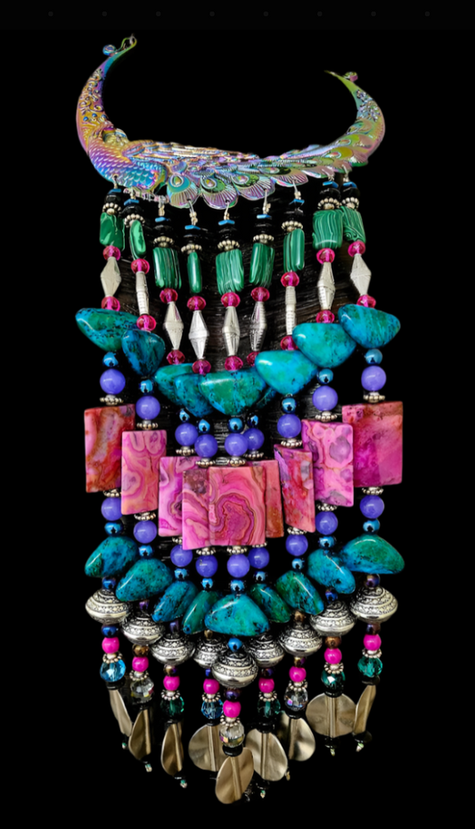 Jewel Tone Miao Peacock Torc Bead Dangle Luxury Necklace - Red Carpet