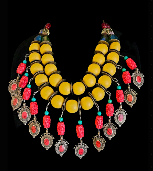 Yellow Red Green Bead Dangle Tribal Luxury Necklace - Bespoke Couture