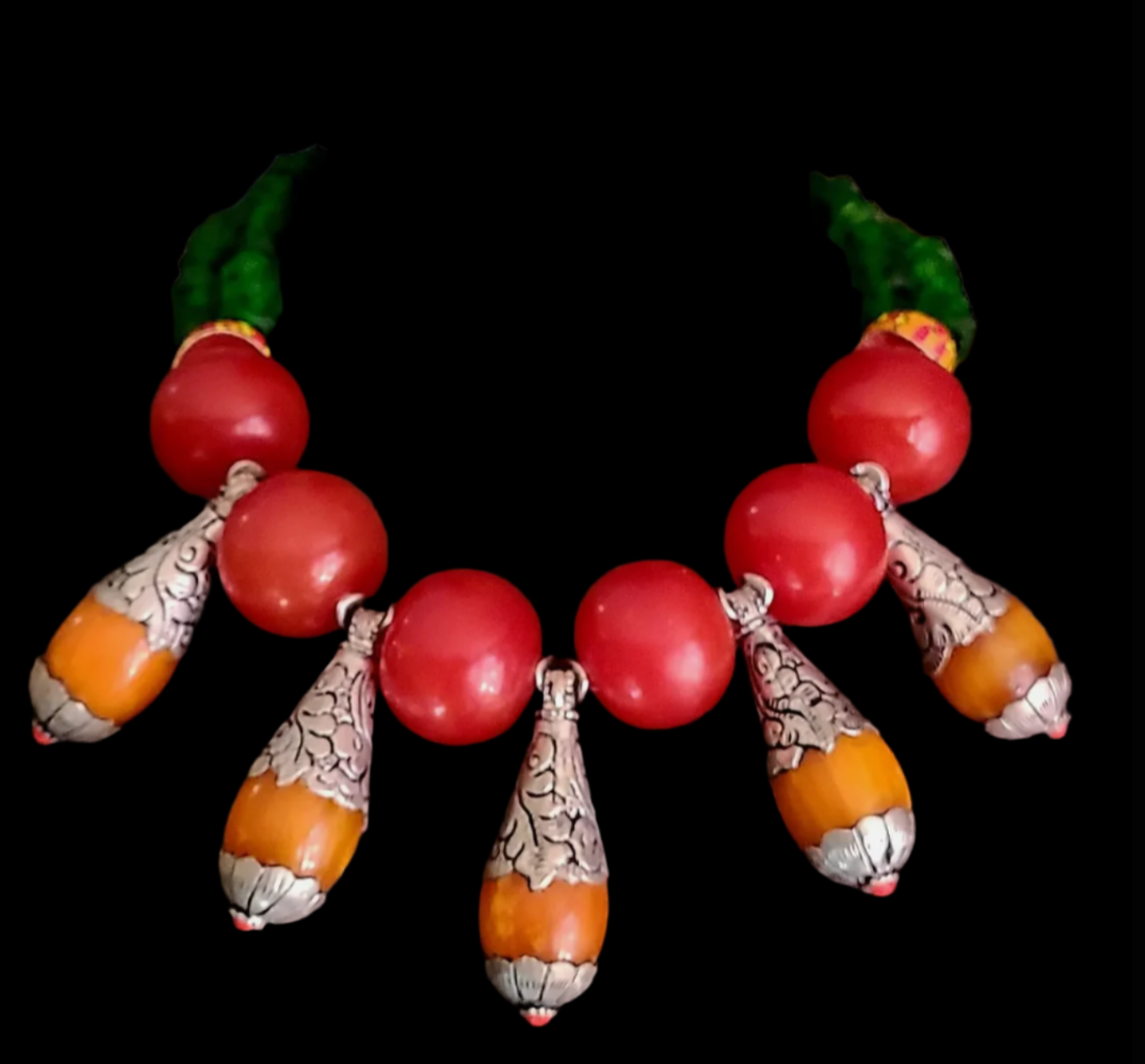 Red Orange & Green Tribal Beaded Luxury Necklace - Bohemian Luxe