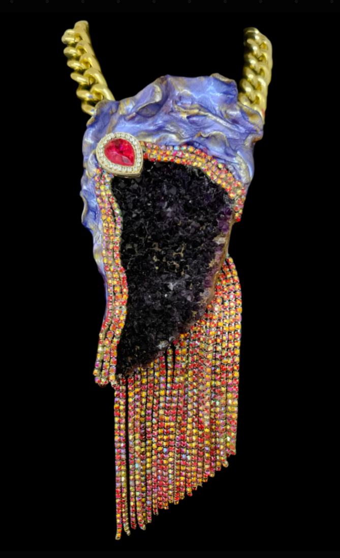 Rough Amethyst Gemstone Pendant & Red Rhinestone Fringe - Gatsby