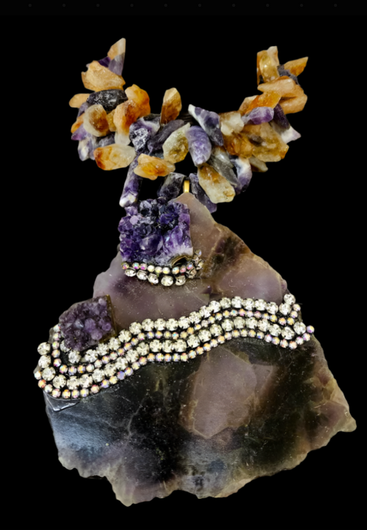 Amethyst Slab Gemstone Statement Pendant With Rhinestones - Raw Rough