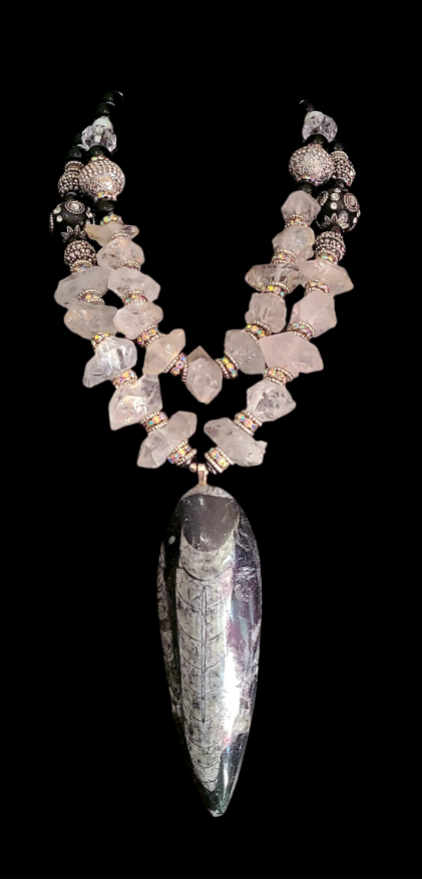 Orthoceras Fossil & Double Terminated Quartz Statement Luxury Necklace