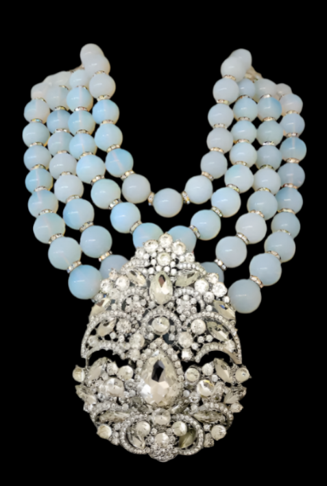 Opalescent Multi Strand Luxury Necklace & Rhinestone Gemstone Pendant