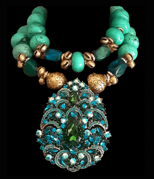 Chrysocolla & Brass Beaded Choker & Huge Blue Green Rhinestone Gemston