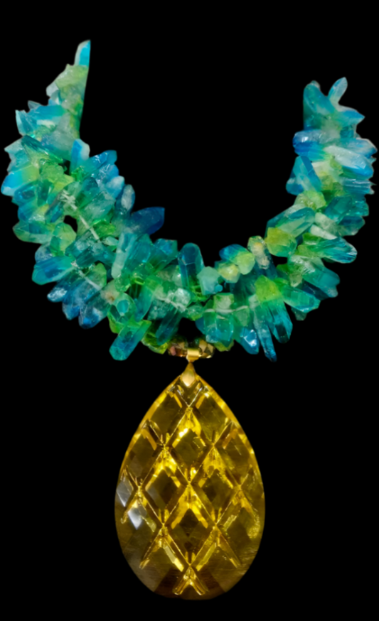 Blue Green Branch Quartz Luxury Necklace & Lemon Yellow Crystal Gemsto