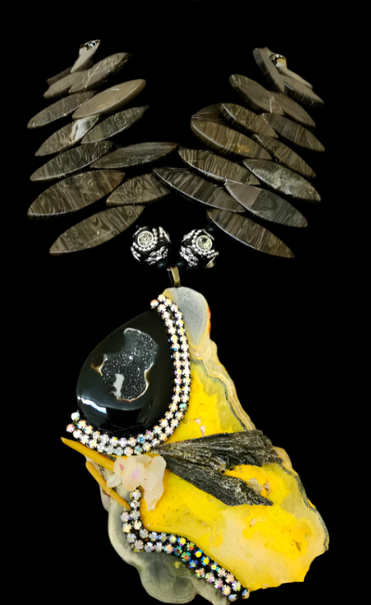 Bejeweled Bumble Bee Jasper Slab Statement Luxury Necklace   Heirloom