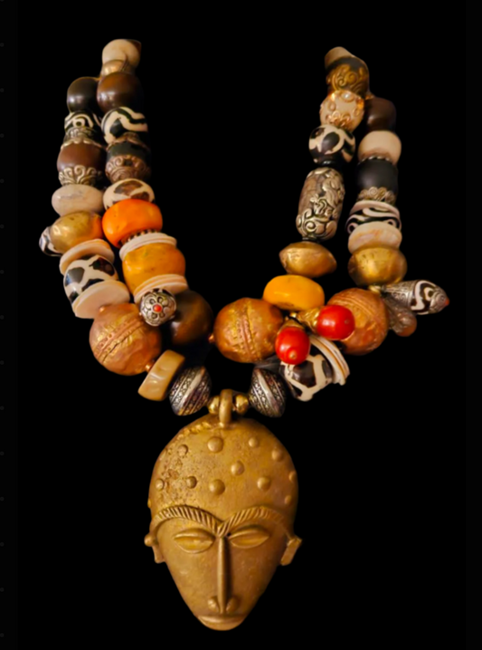 Ghana Mask Gemstone Pendant with Mixed Tribal Beaded Luxury Necklace