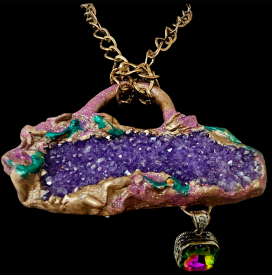 Mystic Topaz & Rough Amethyst Sculpted Gemstone Pendant   Flashy Purpl