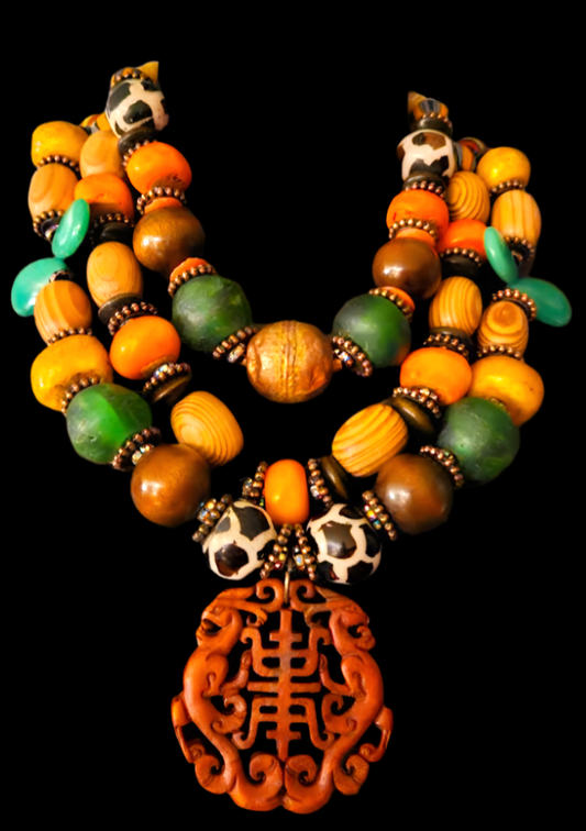 Bold Mixed Media Beaded Ethnic Statement  Necklace - African Asian