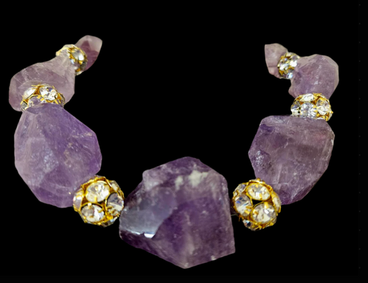 Rough Faceted Amethyst Boulder & Rhinestone Ball Statement Choker