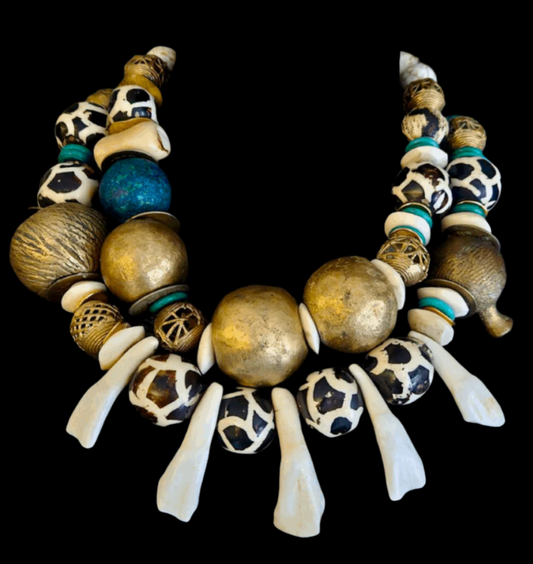 Yoruba Brass Bone & Incisor Teeth Tribal Statement Necklace - Artisan