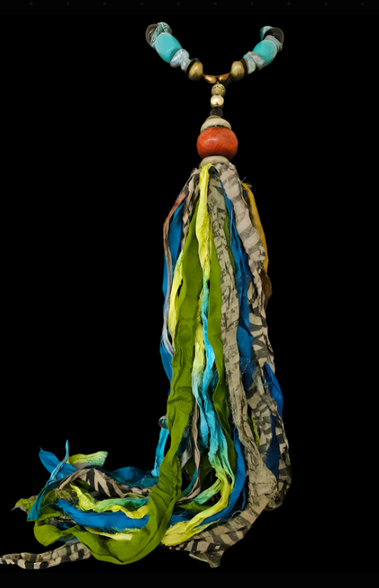 Distressed Sari Silk Ribbon Chest Piece with Beaded Luxury Necklace