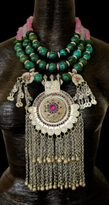 Turquoise & Glass Beaded Waziri Gemstone Pendant Ethnic Luxury Necklace