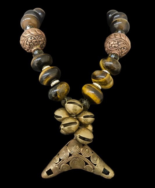 Tigers Eye, Copper, Crystal & Brass Ethnic Earthy Luxe Necklace - Unisex