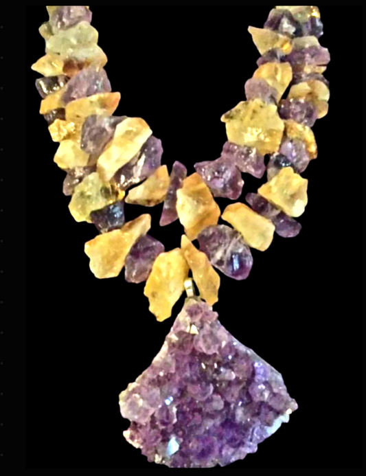Rough Citrine & Amethyst Multi Strand Neclace With An Amethyst Crystal Pendant