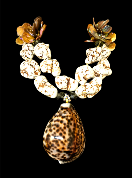 Bold Faux White Buffalo Turquoise & MOP Necklace With A Cowry Shell Pendant