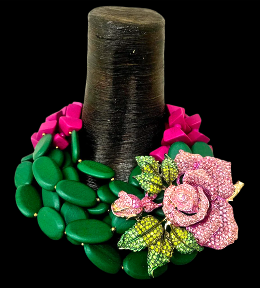 Multi Strand Green & Pink Beaded Statement Necklace With Rose Brooch