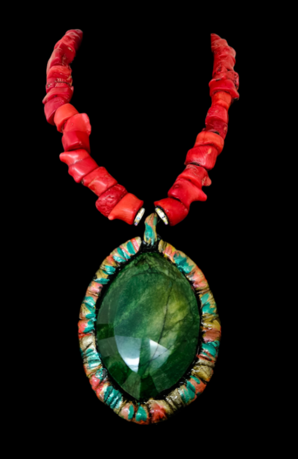Red Sea Sediment Slab Bib & Emerald Pendant Oversized Necklace Set